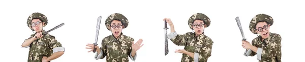 Lustiger Soldat mit Messer auf Weiß — Stockfoto
