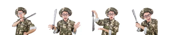 Funny soldado con cuchillo en blanco —  Fotos de Stock