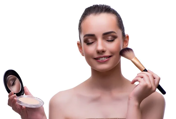 Mulher em conceito de beleza aplicando maquiagem usando cosméticos — Fotografia de Stock