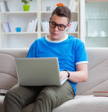 Sınavlara hazırlanan genç öğrenci kanepede ders çalışıyor.