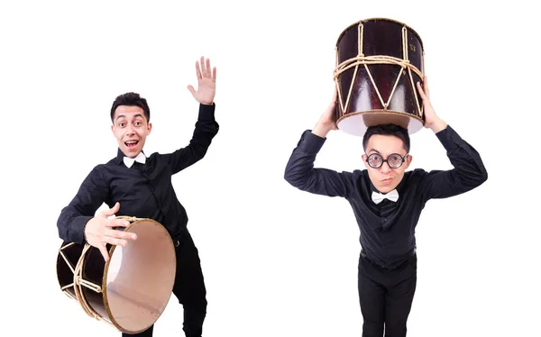 Funny man with drum on white — Stock Photo, Image