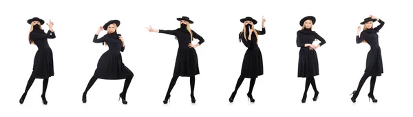 Vrouw in lange zwarte jurk geïsoleerd op wit — Stockfoto
