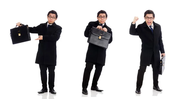 Mladý muž drží kufr izolovaný na bílém — Stock fotografie