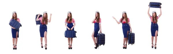 Mulher assistente de viagem com mala em branco — Fotografia de Stock