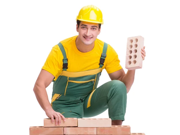 El trabajador de la construcción guapo edificio muro de ladrillo — Foto de Stock