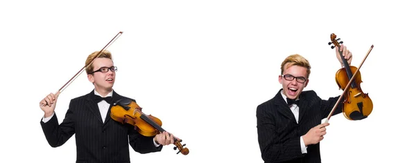 Jeune musicien avec violon isolé sur blanc — Photo