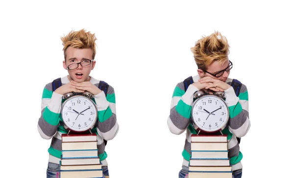 Studente manca le sue scadenze isolato su bianco — Foto Stock