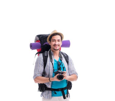 Beyaz arka plan üzerinde izole kamera ile Backpacker