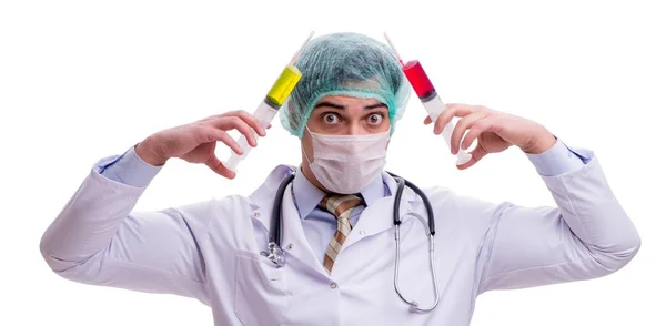 Médico engraçado com seringa isolada em branco — Fotografia de Stock