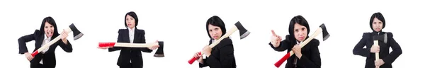 Angry businesswoman with axe on white — Stock Photo, Image