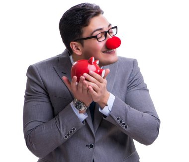 Komik palyaço işadamı ile beyaz arkasında izole bir kumbara