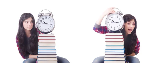 Young female student missing her deadlines on white — Stock Photo, Image