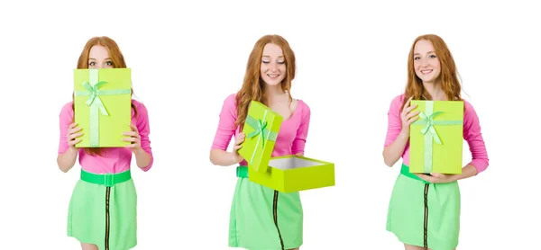 Jeune femme avec des achats de Noël sur blanc — Photo