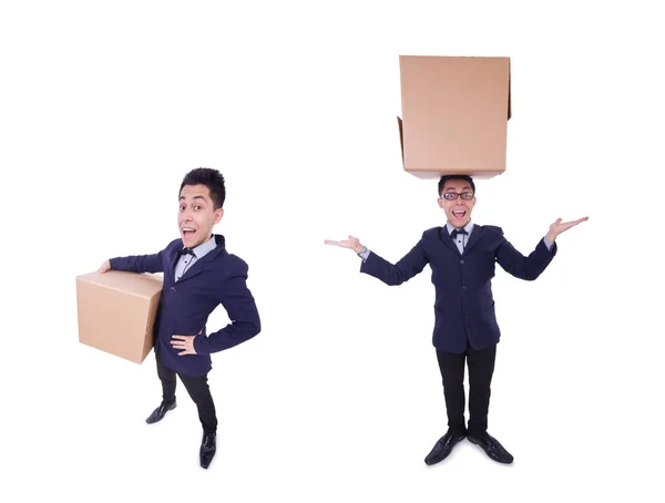 Funny man with box on white — Stock Photo, Image
