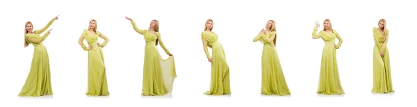 Hübsches Mädchen in elegantem grünen Kleid isoliert auf weiß — Stockfoto