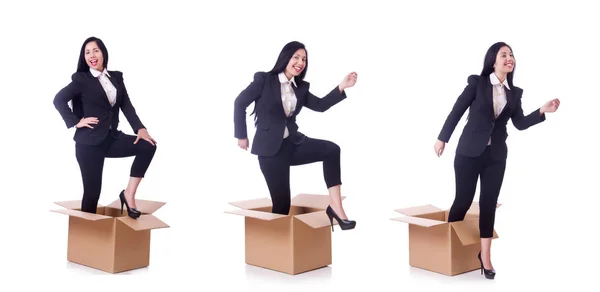 Woman with boxes on white — Stock Photo, Image