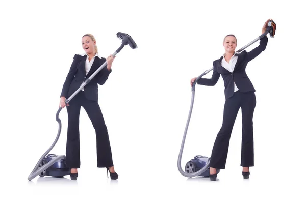Businesswoman with vacuum cleaner on white — Stock Photo, Image