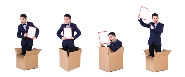 Young man with pad on white — Stock Photo, Image