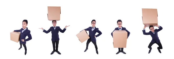 Funny man with box on white — Stock Photo, Image