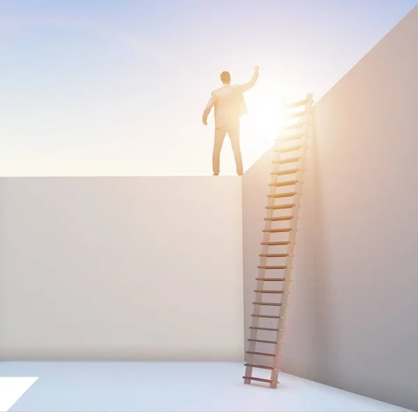 Businessman climbing a ladder to escape from problems — Stock Photo, Image