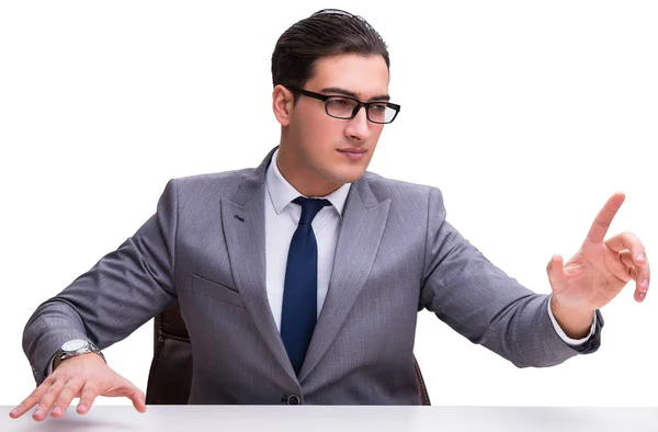 Giovane uomo d'affari premendo pulsanti virtuali isolati su bac bianco — Foto Stock