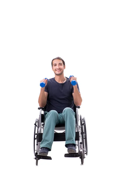 Jeune homme handicapé faisant des exercices physiques isolé sur blanc — Photo