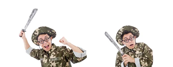 Funny soldier with knife on white — Stock Photo, Image