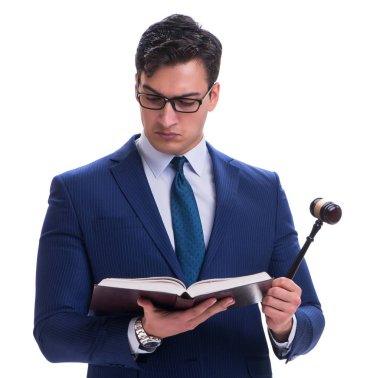 Beyaz arka planda tokmağı olan avukat hukuk öğrencisi.