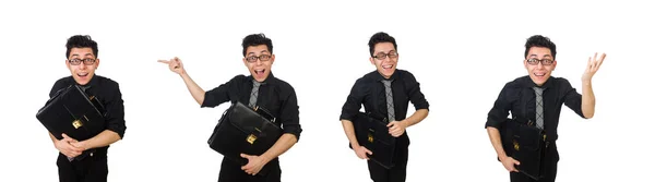 Jonge lachende werknemer met werkmap geïsoleerd op wit — Stockfoto