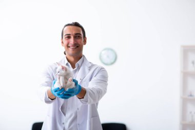 Genç erkek doktor hasta kediyi muayene ediyor.