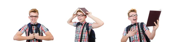 Estudante com mochila isolada no branco — Fotografia de Stock