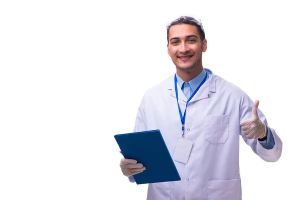 Médico varón joven con notas aisladas en blanco —  Fotos de Stock