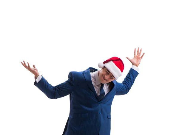 Mladí busnessman klobouk santa vánoční koncepce na bílém — Stock fotografie