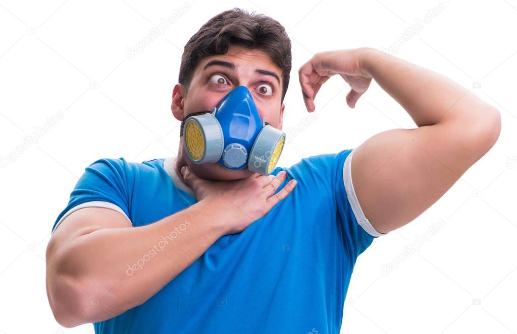 Man sweating excessively smelling bad isolated on white backgrou