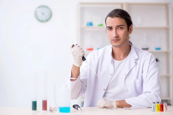 Jonge mannelijke chemicus werkzaam in het lab — Stockfoto