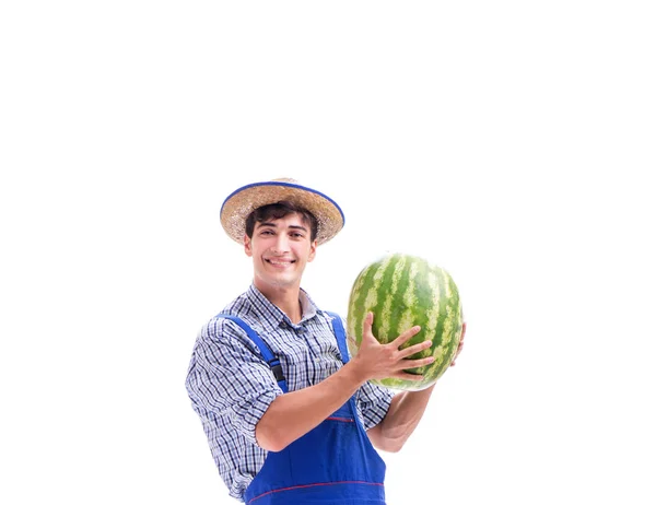 Jonge boer met watermeloen geïsoleerd op wit — Stockfoto