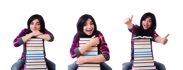 Jovem estudante com livros isolados em branco — Fotografia de Stock