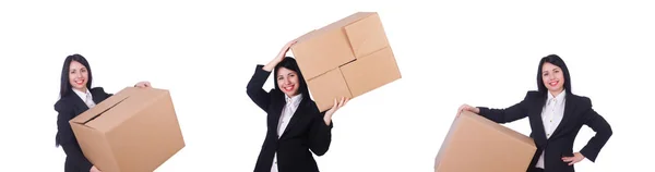 Woman with box on white — Stock Photo, Image