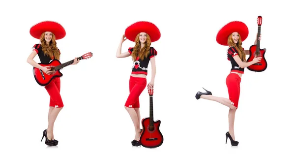 Vrouw gitarist met sombrero op wit — Stockfoto