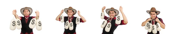 Vaquero joven con bolsas de dinero aisladas en blanco — Foto de Stock