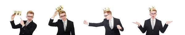 Jonge zakenman met kroon geïsoleerd op wit — Stockfoto