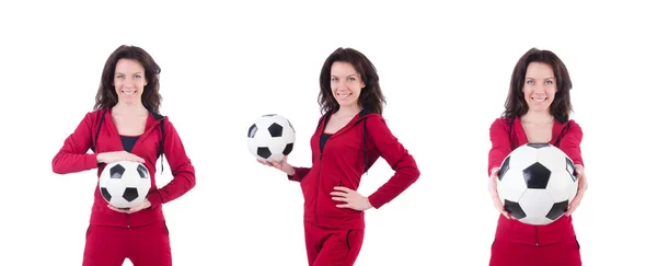 Junge Frau mit Fußball in Weiß — Stockfoto