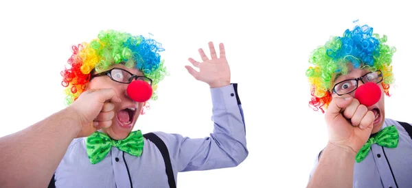 Divertente ragazzo con parrucca clown su bianco — Foto Stock