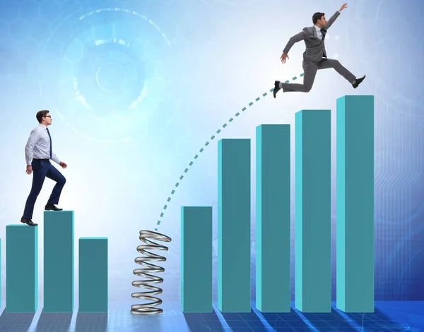 Business people jumping over bar charts — Stock Photo, Image