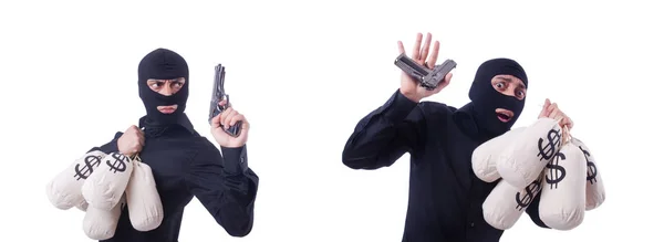 Смешной преступник с пистолетом изолирован на белом — стоковое фото