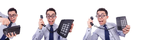 Homme fou avec téléphone sur blanc — Photo