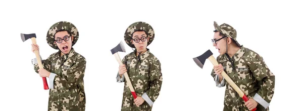 Funny soldier with the axe isolated on white — Stock Photo, Image