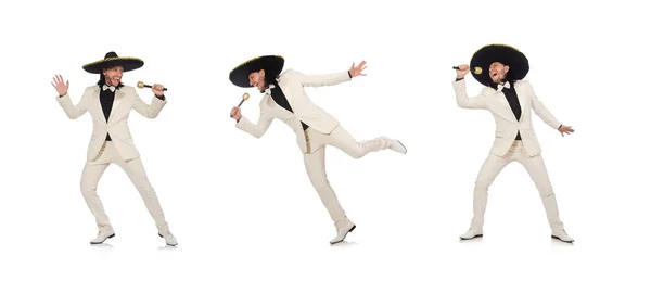 Funny mexican in suit holding maracas isolated on white — Stock Photo, Image