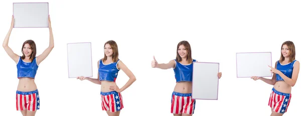 Young woman in boxing pants holding the board — Stock Photo, Image