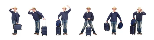 Funny man with luggage wearing safari hat — Stock Photo, Image